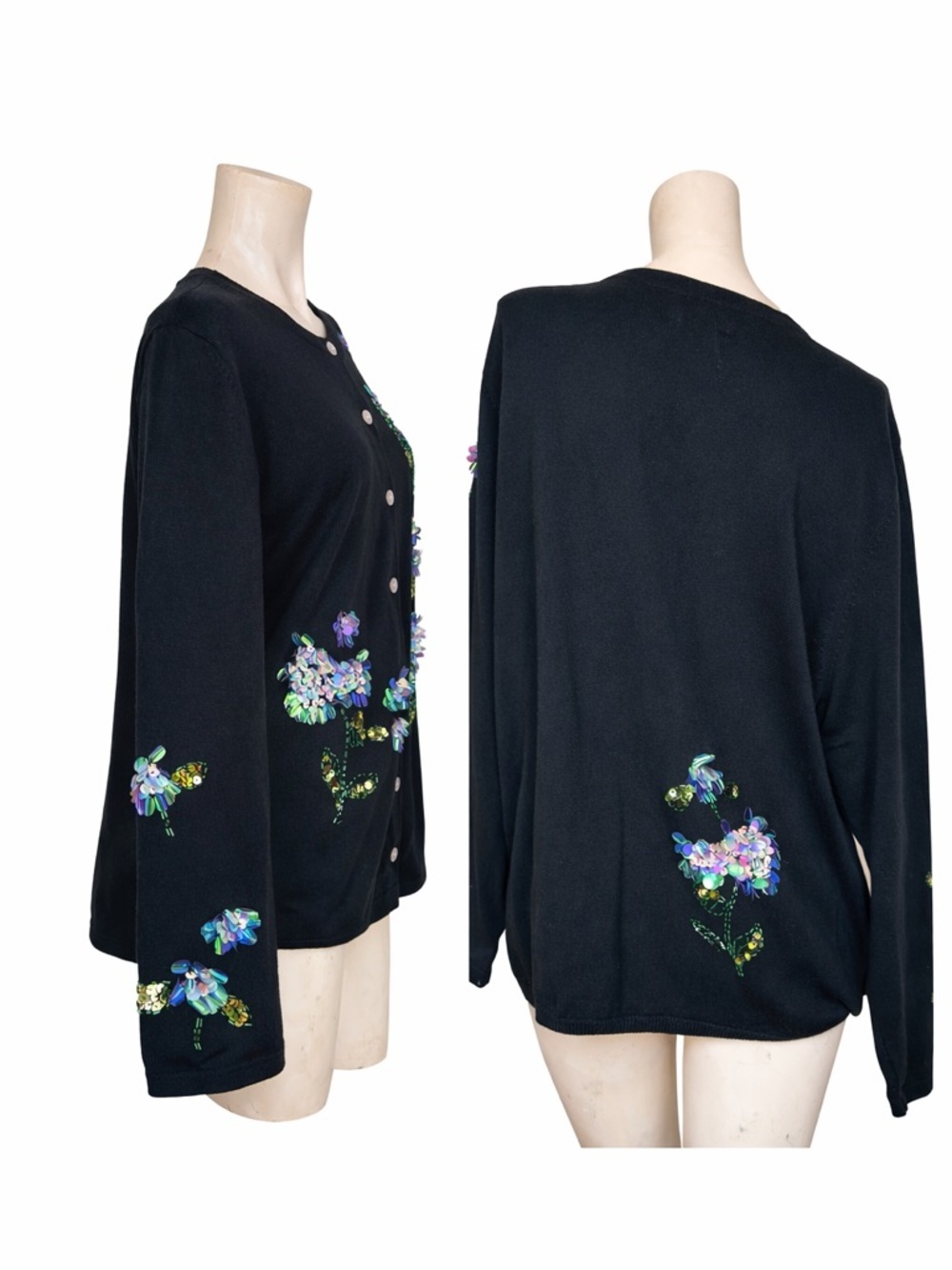 Vintage Quacker Factory XL Black Sequin Floral Cardigan Sweater Embellished - Picture 4 of 8